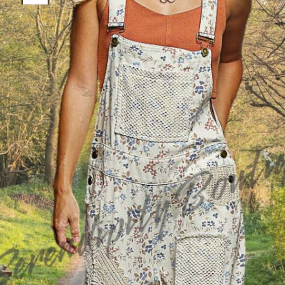 POL Floral Denim Boho Crochet Patchwork Flare Leg Suspenders Strap Jean Overalls - Picture 3 of 12